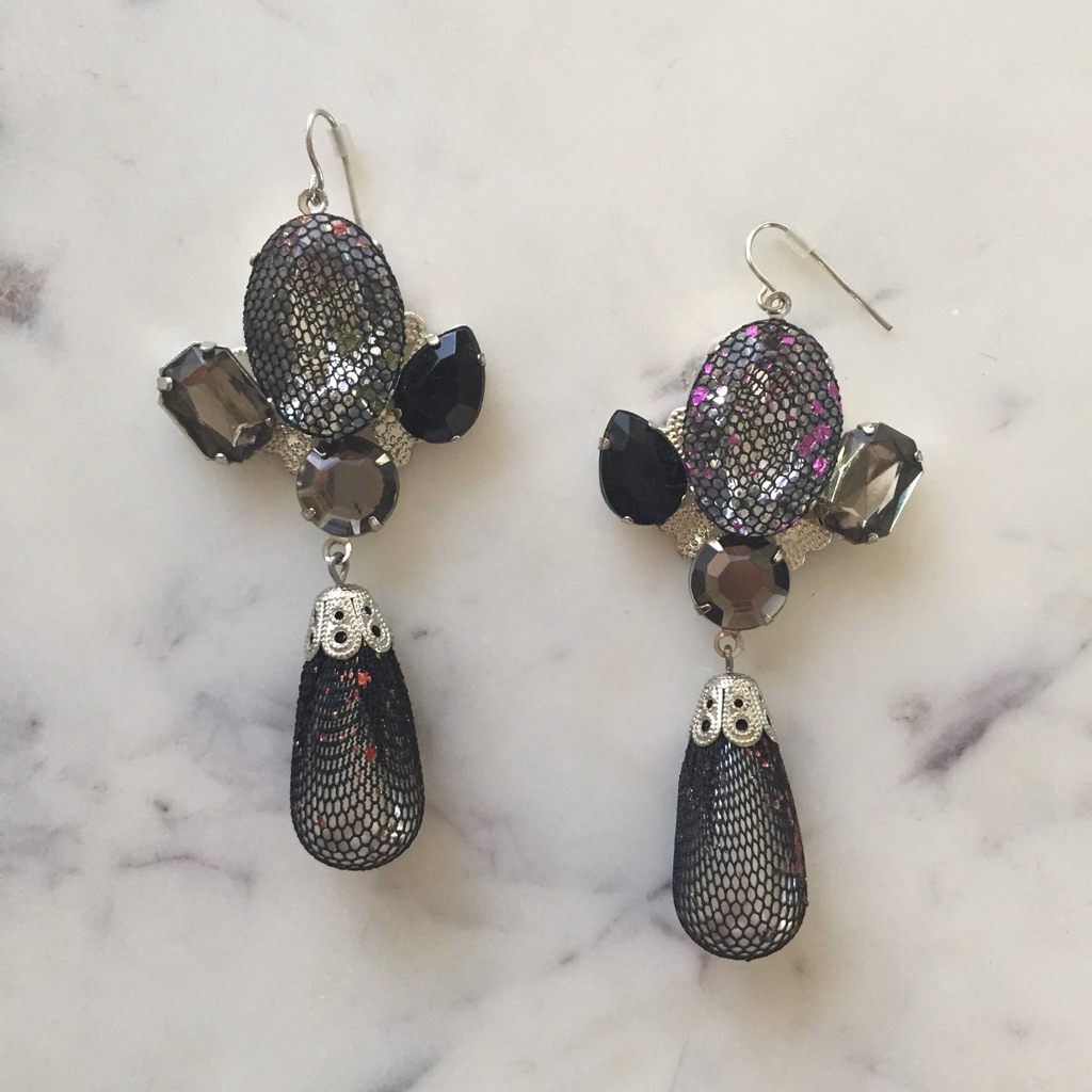 Topshop Statement Earrings Silver Pewter Color With Mesh Covered Crystals Party